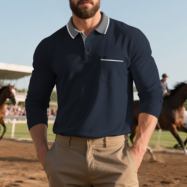 Men's long-sleeved polo shirt with elegant button placket and practical breast pocket Lisslune