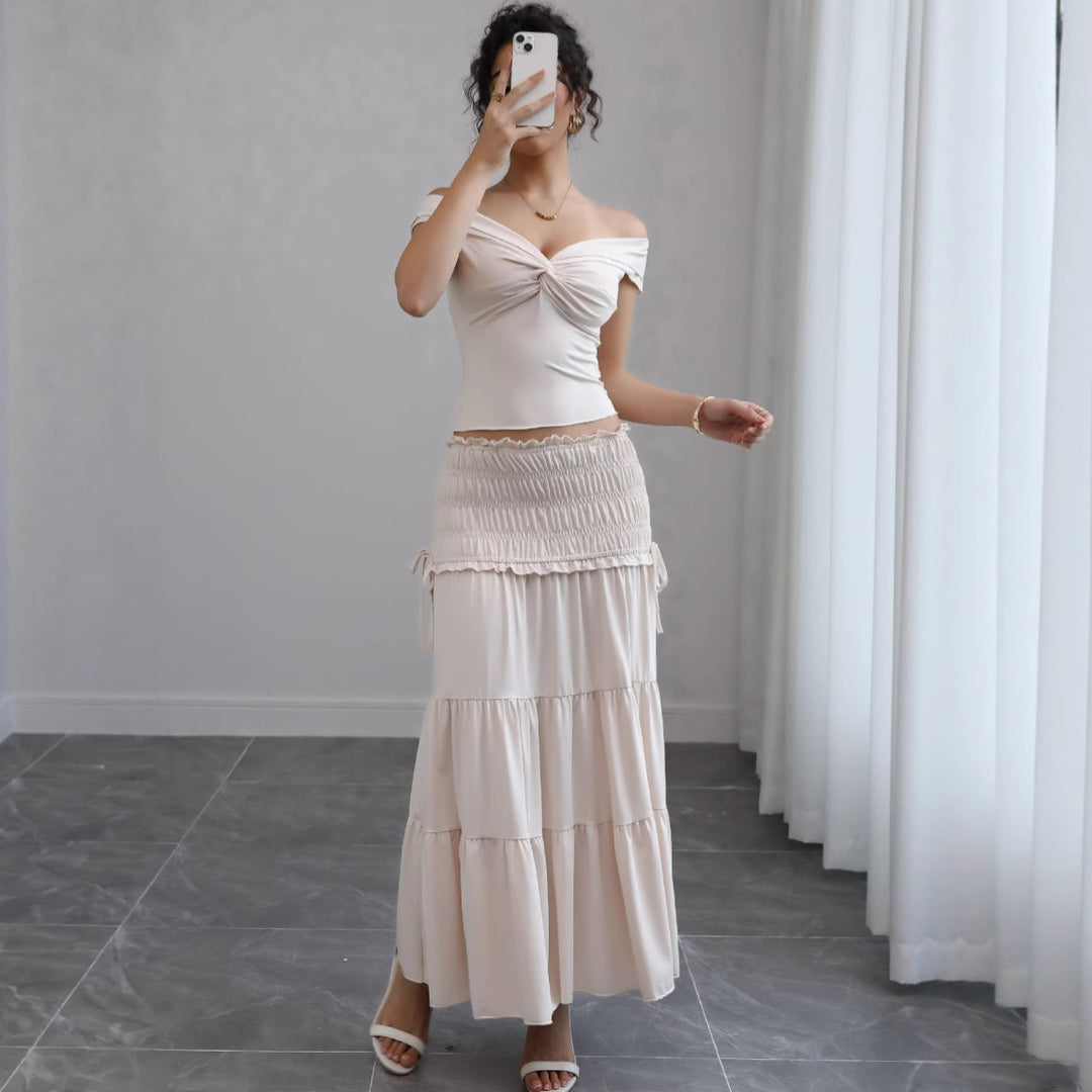 Ladies Off-Shoulder Maxi Dress with Ruffled Skirt and Romantic Design