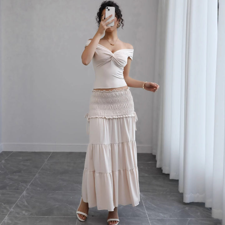 Ladies Off-Shoulder Maxi Dress with Ruffled Skirt and Romantic Design