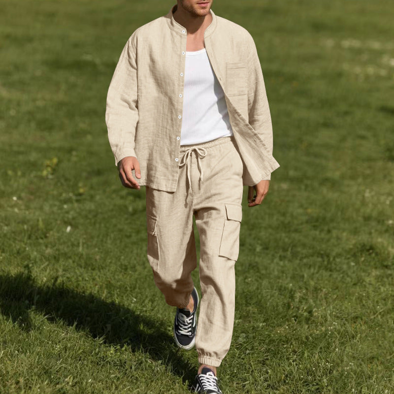 Men's Casual Linen Set with Button-Up Shirt and Cargo Pants Lisslune