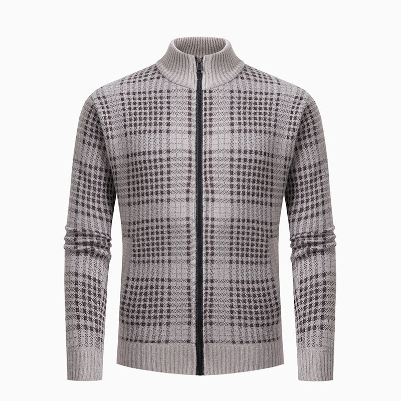 Men's fashionable cardigan with modern check pattern and high collar Lisslune