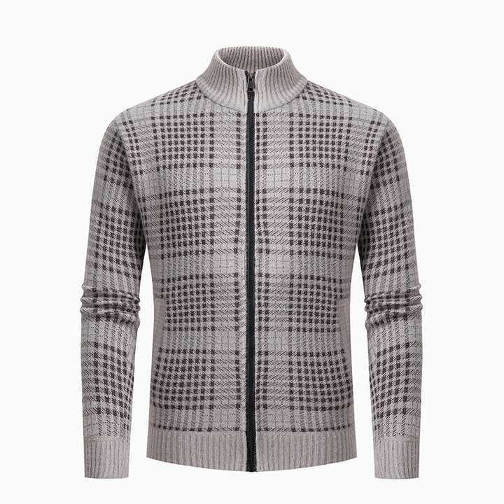 Men's fashionable cardigan with modern check pattern and high collar Lisslune