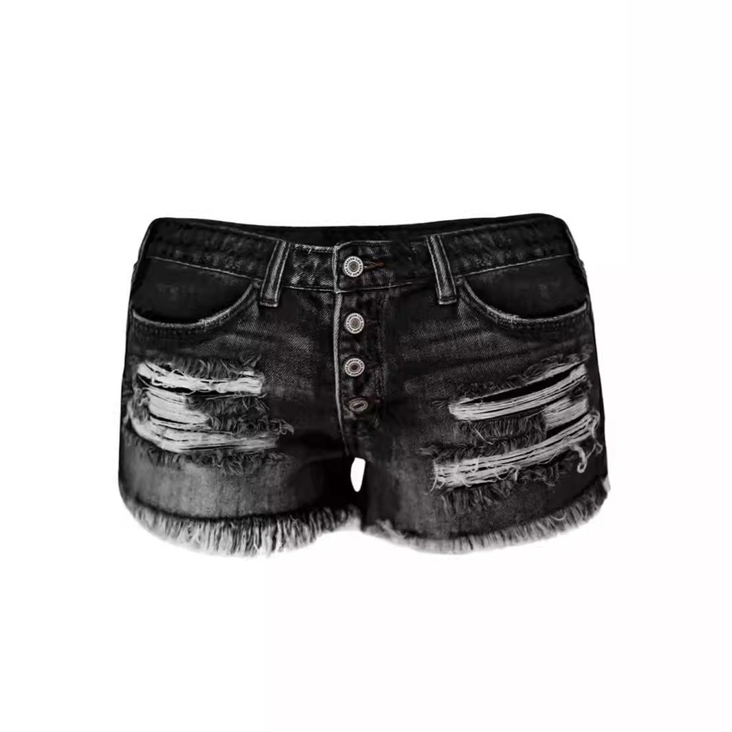 Women's casual destroyed denim shorts with button details and frayed hem Lisslune