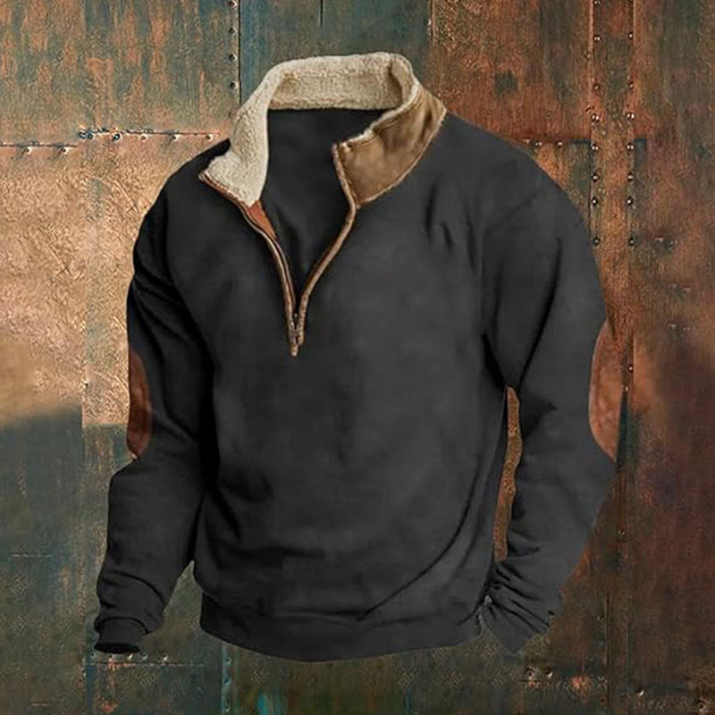 Men's sporty fleece pullover with contemporary stand-up collar and fashionable synthetic leather applications Lisslune