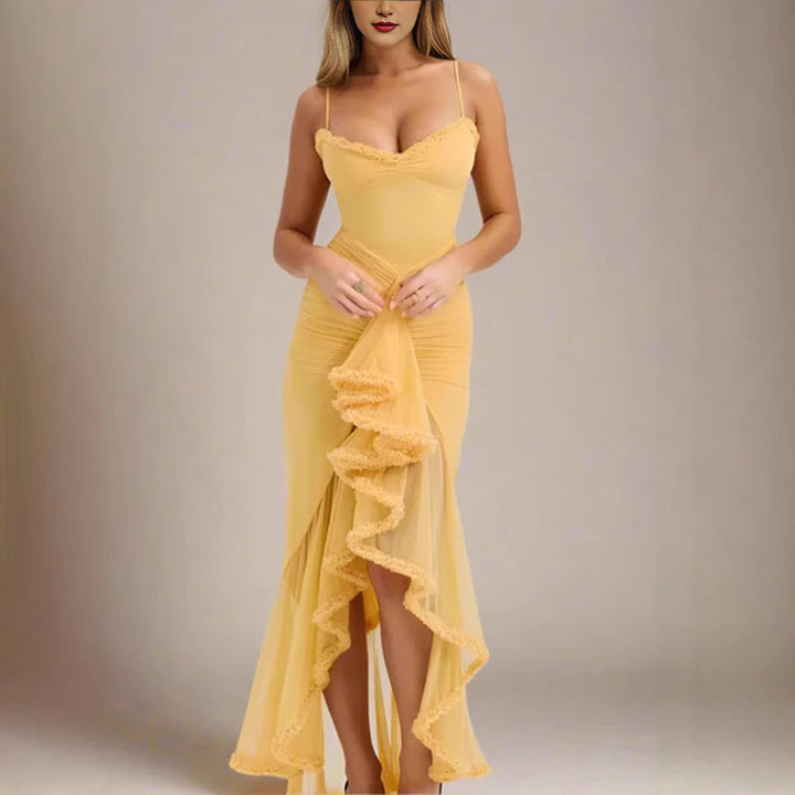 Women's Elegant Wrap Dress with Ruffle Details and High Slit