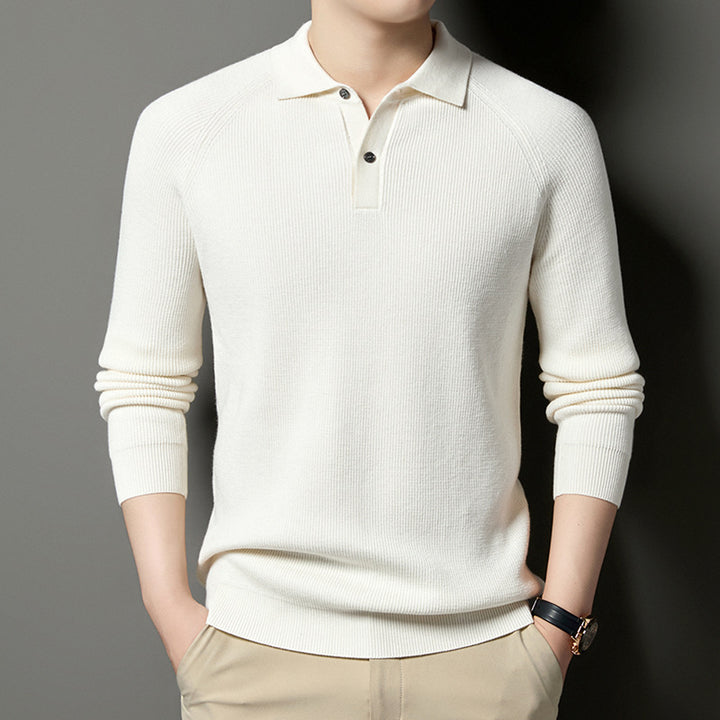 Men's Fine Knit Pullover with Classic Polo Collar and Fashionable Ribbed Structure Lisslune