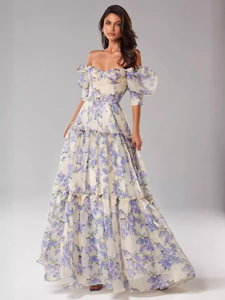 Women's Elegant Maxi Dress with Off-the-Shoulder Ruffle Sleeves and Floral Accents