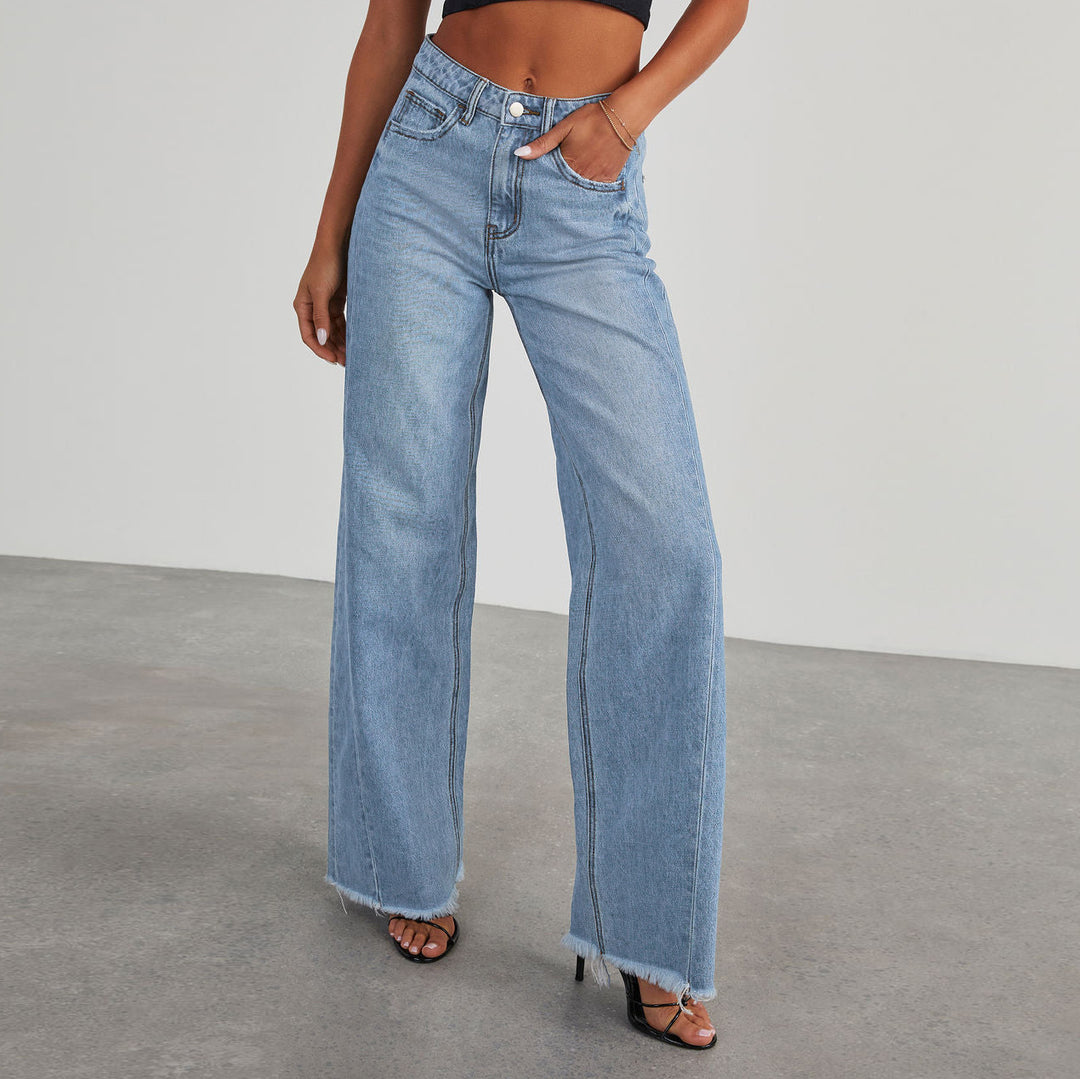 Ladies High-Waisted Mom Jeans in Classic Cut with Frayed Hem Lisslune