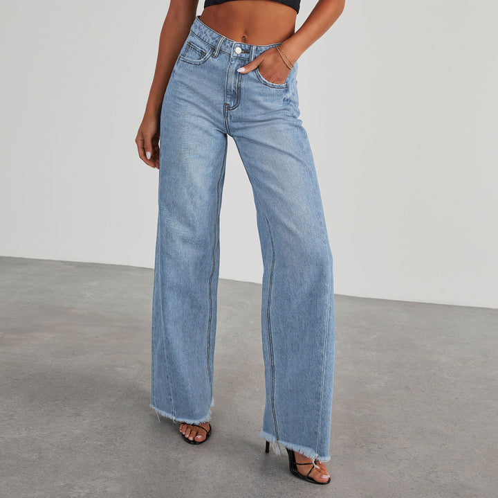 Ladies High-Waisted Mom Jeans in Classic Cut with Frayed Hem Lisslune