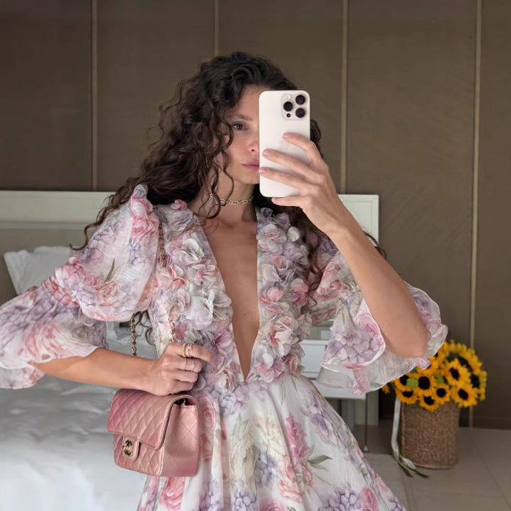 Women's Flowing Maxi Dress with Romantic Ruffle Details and Floral Pattern