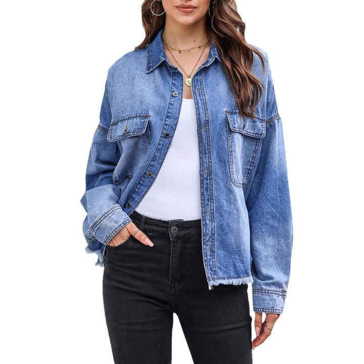 Women's Casual Denim Shirt Jacket with Fringed Cuffs and Practical Pockets Lisslune