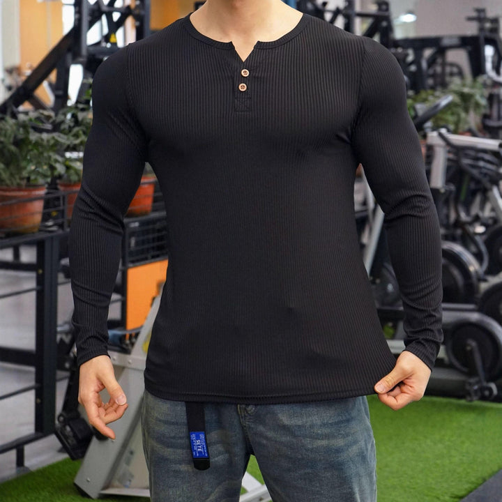 Men's Long Sleeve Henley Shirt with Textured Rib Design Lisslune