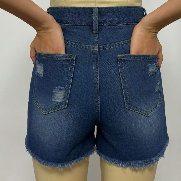 Women's Designer Denim Shorts with Fringing and Frayed Hem Lisslune