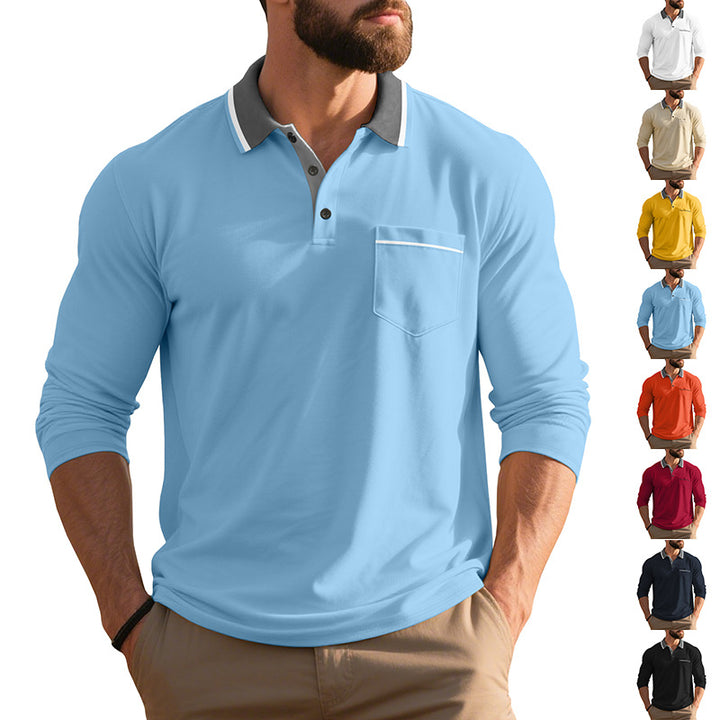 Men's long-sleeved polo shirt with elegant button placket and practical breast pocket Lisslune