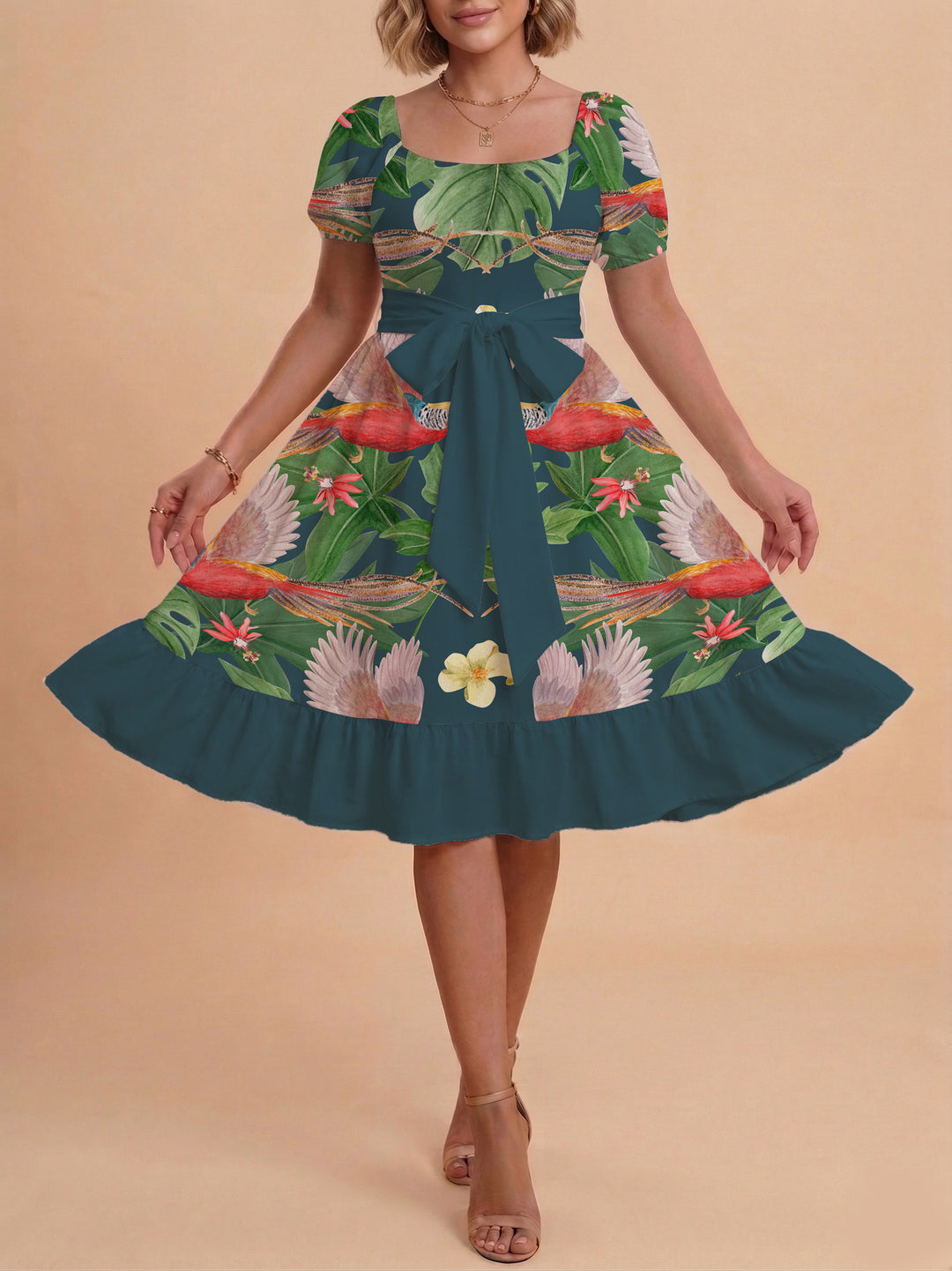 Women's floral dress with adjustable belt and voluminous sleeves Lisslune