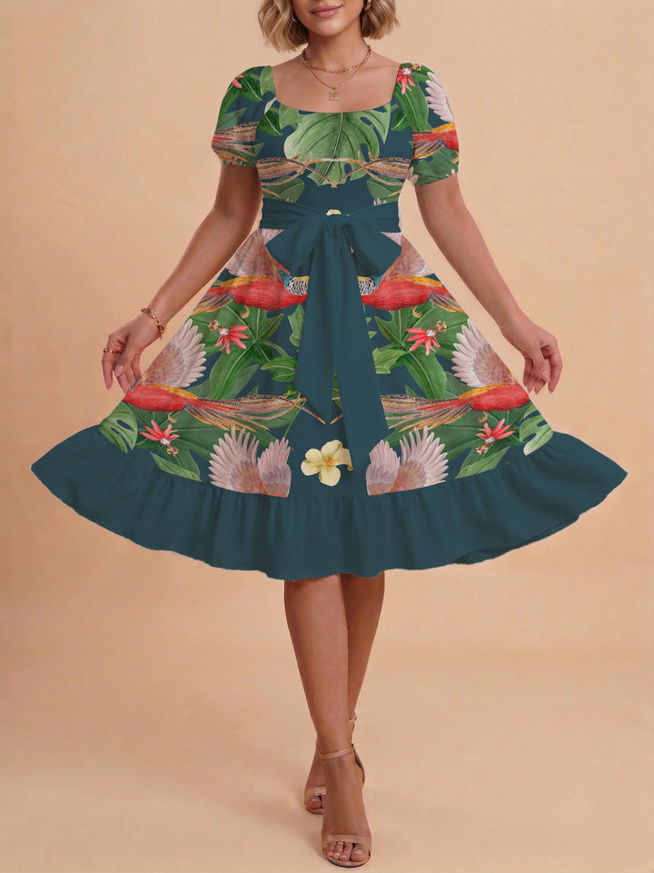 Women's floral dress with adjustable belt and voluminous sleeves Lisslune