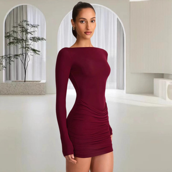 Women's figure-flattering mini dress with off-the-shoulder design and elegant draping