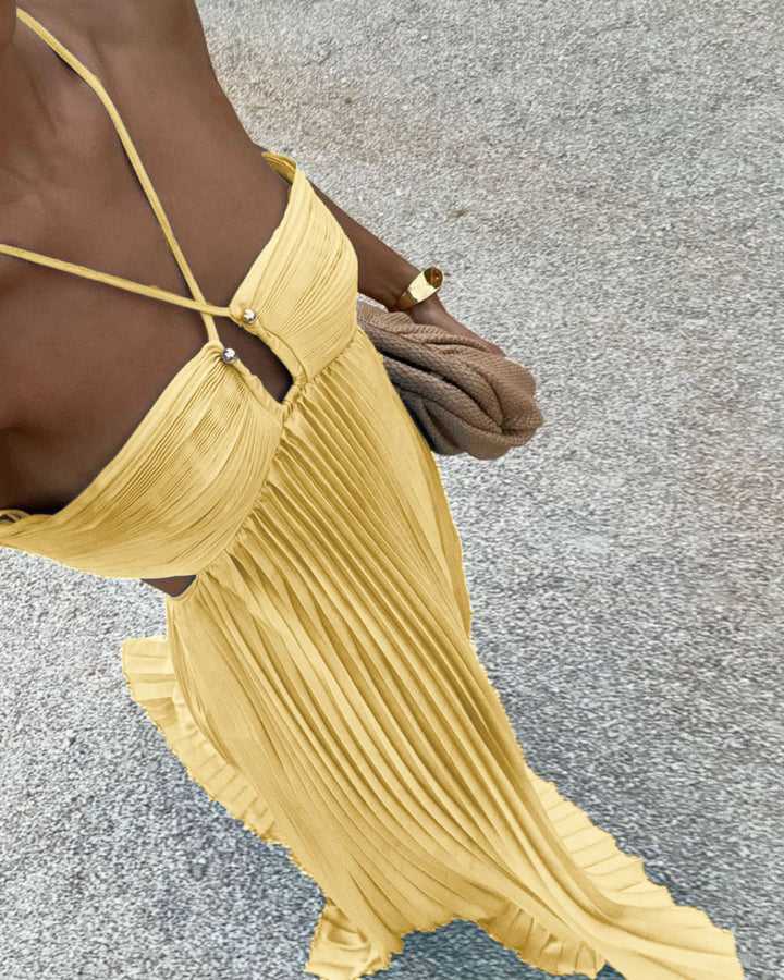 Women's pleated dress with off-the-shoulder design and refined strap details