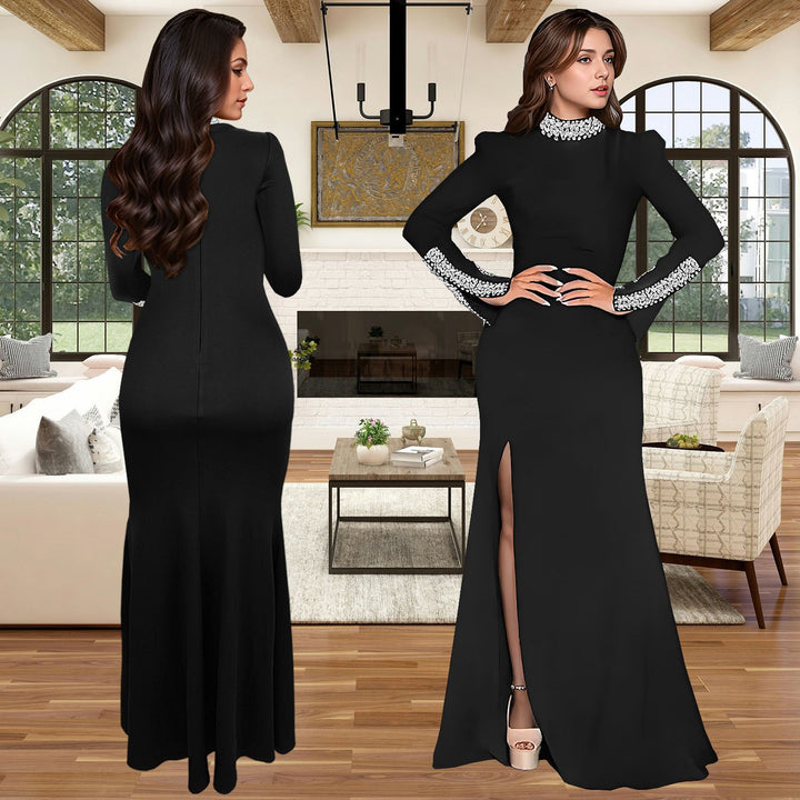 Ladies Elegant Evening Dress with Shimmering Details and High Split
