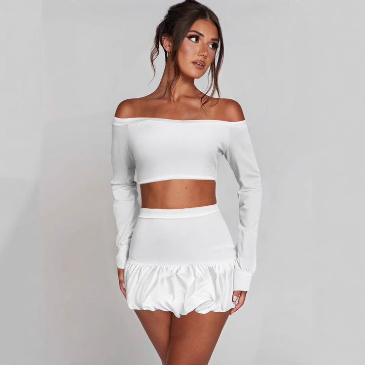 Damen Off-Shoulder Crop-Top und Faltenrock Set Lisslune
