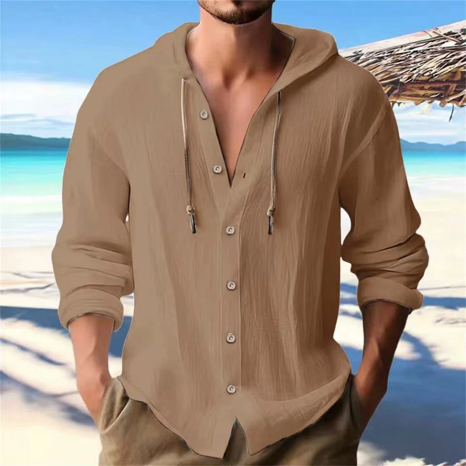 Men's casual hoodie blouse with button placket and side drawstring Lisslune