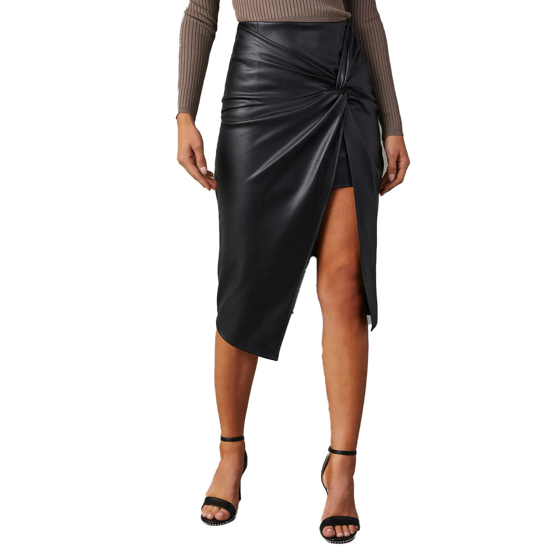 Women's synthetic leather skirt with asymmetrical cut and decorative knot Lune London
