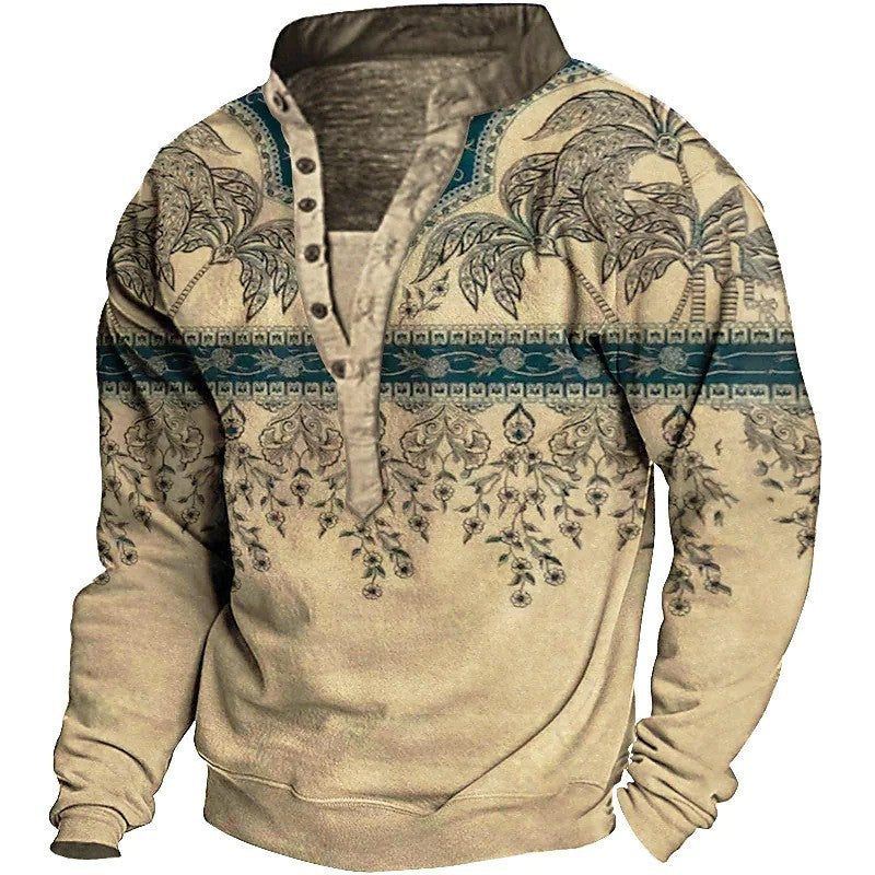 Men's fleece pullover with unique ethnic pattern and practical button details Lisslune