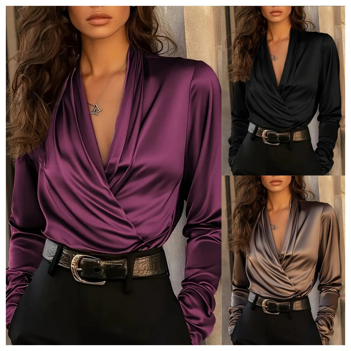 Damen elegante Satinbluse mit Wickeldesign und tiefem V-Ausschnitt Lisslune