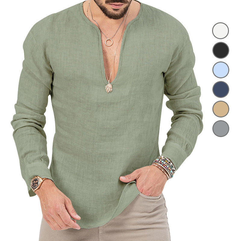 Men's Lightweight Linen Shirt with Deep V-Neck and Long Sleeves Lisslune