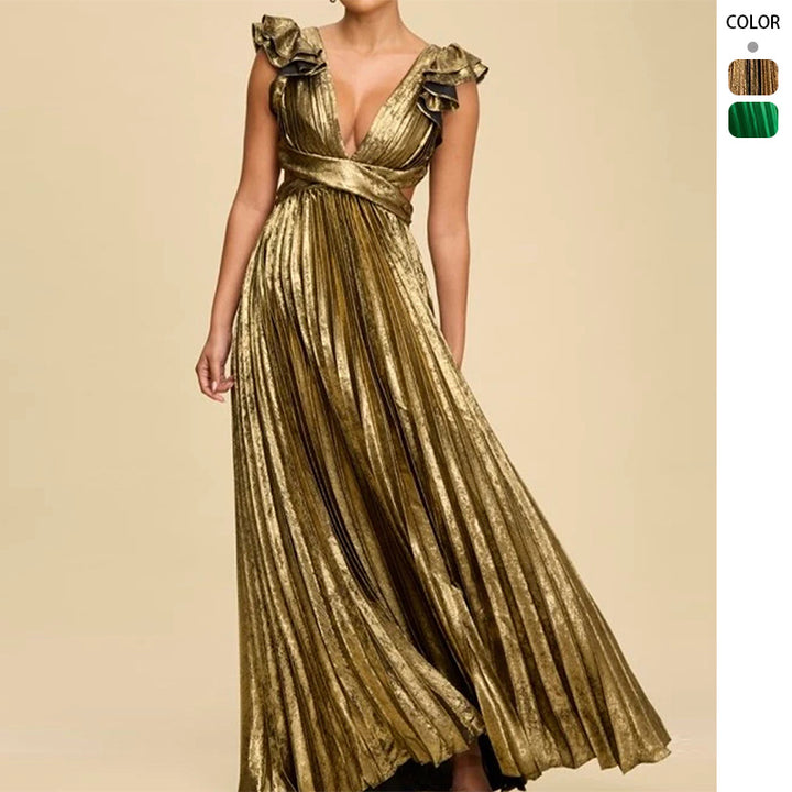 Ladies Glamorous Pleated Maxi Dress with Deep V-Neck and Puff Sleeves Lisslune