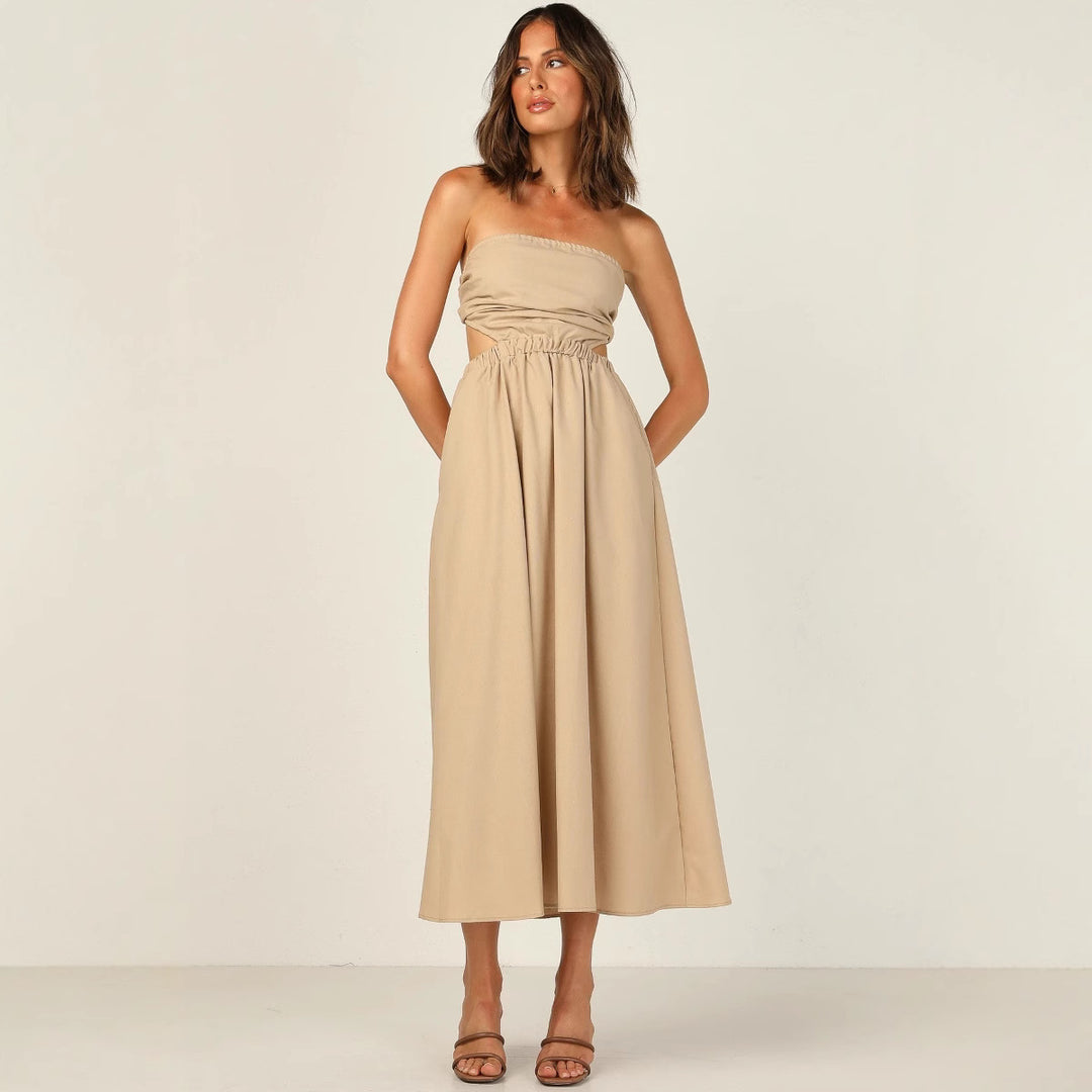 Women Strapless Maxi Dress with Side Cut-Out and Practical Pocket Design Lune London