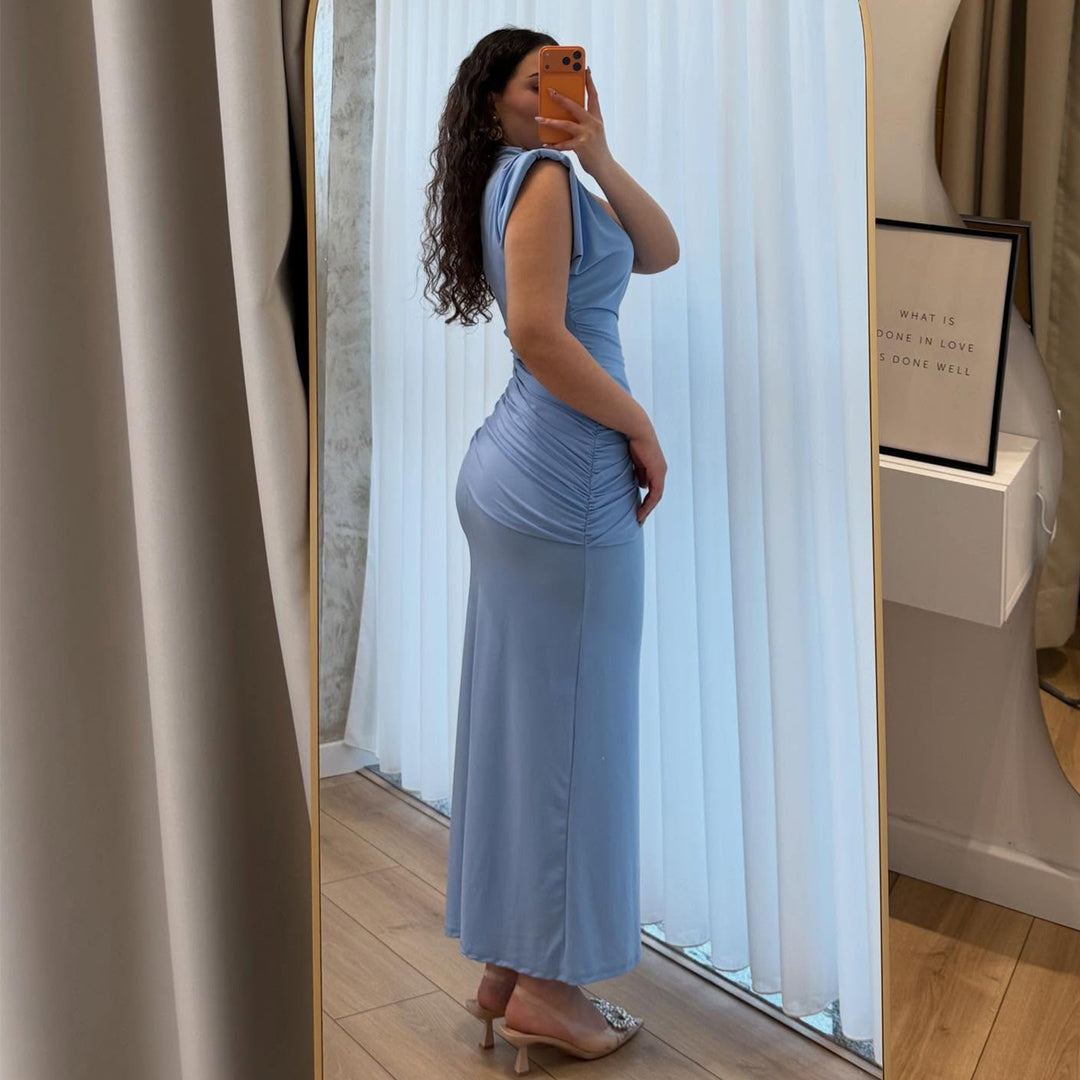 Women's maxi dress with elaborate wrap effect and narrow fit