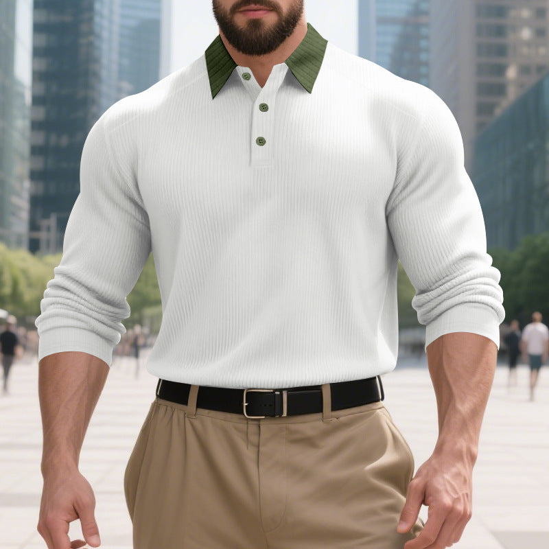 Men's long sleeve polo shirt with textured collar and decorative button closure Lisslune