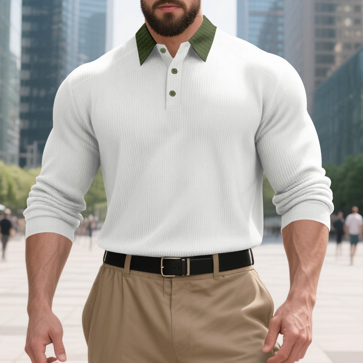 Men's long sleeve polo shirt with textured collar and decorative button closure Lisslune