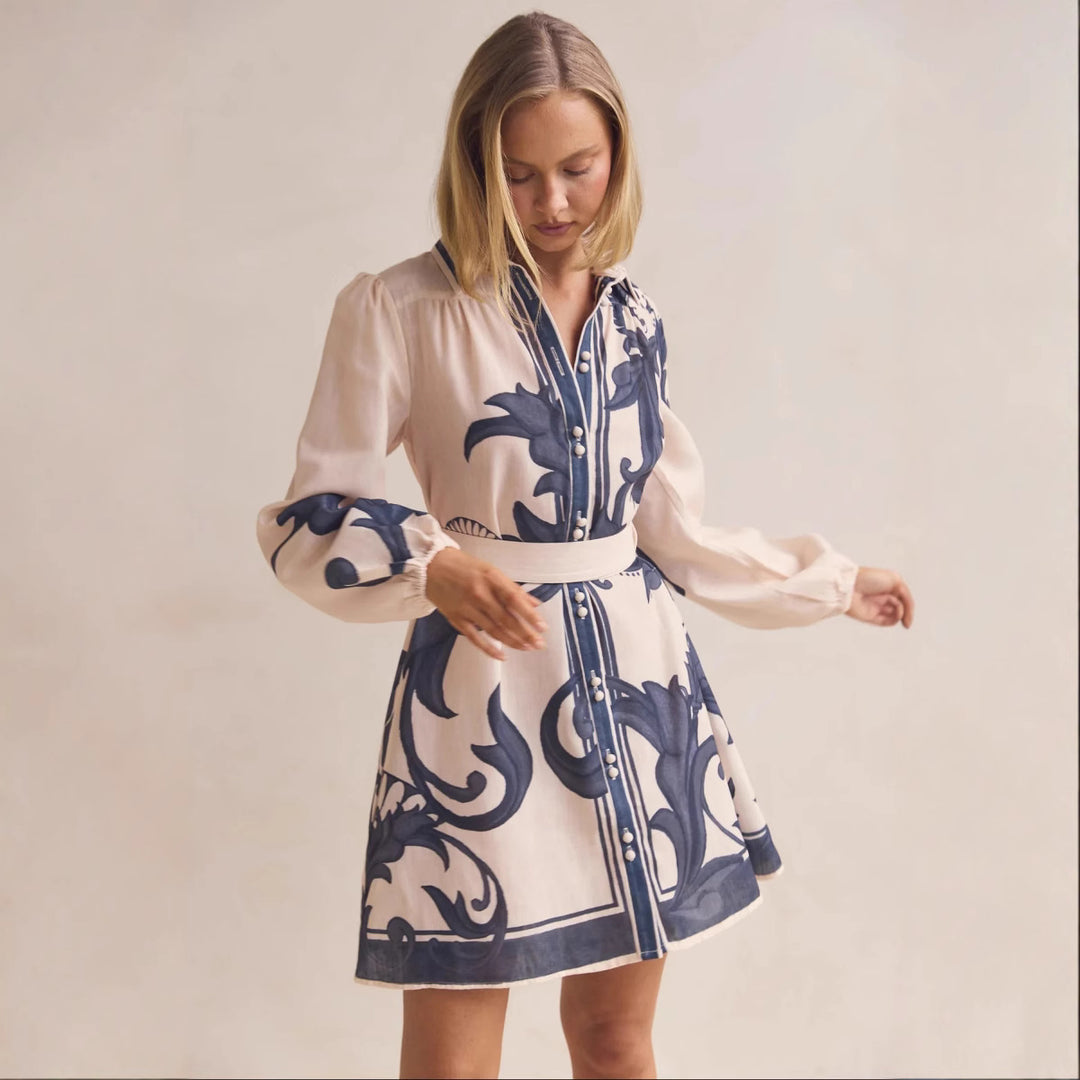 Ladies shirt dress with smooth puff sleeves and floral design