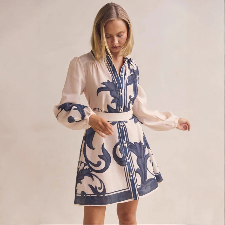 Ladies shirt dress with smooth puff sleeves and floral design