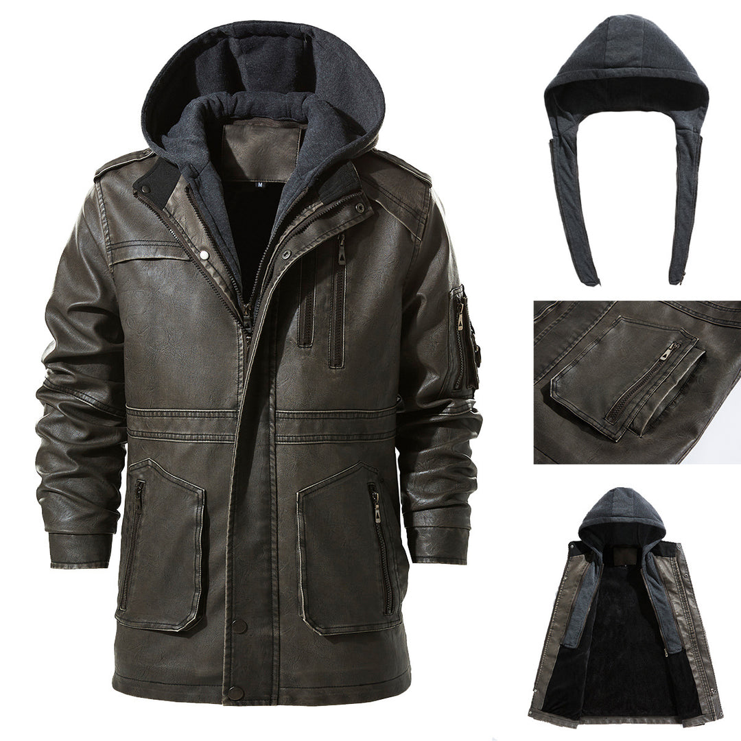 Men's Synthetic Leather Jacket with Hidden Hood Lisslune