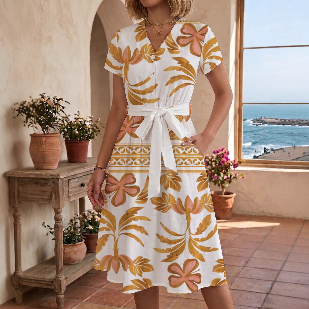 Women's Blooming Midi Dress with Adjustable Belt and Artistic Print Lisslune