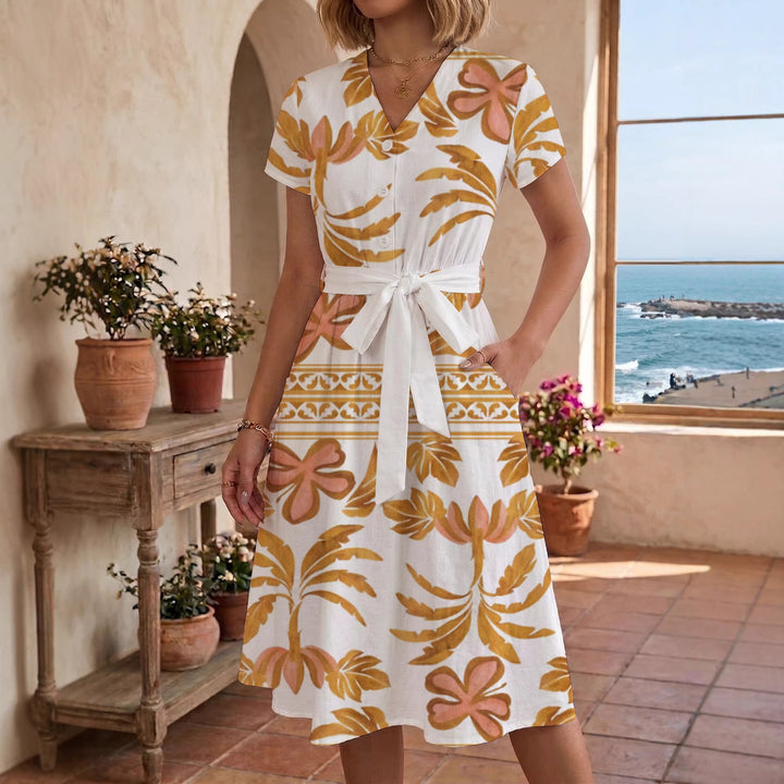 Women's Blooming Midi Dress with Adjustable Belt and Artistic Print Lisslune