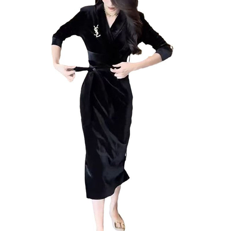 Women long sleeve dress with elegant wrap design and stylish ruffle hem