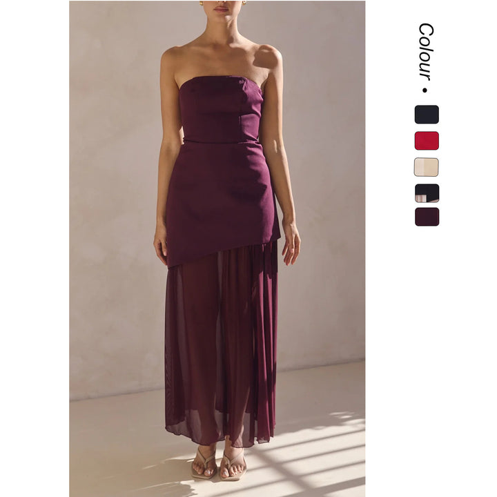 Women's Elegant Bandeau Maxi Dress with Flowing Chiffon Skirt and Figure-Hugging Bodice