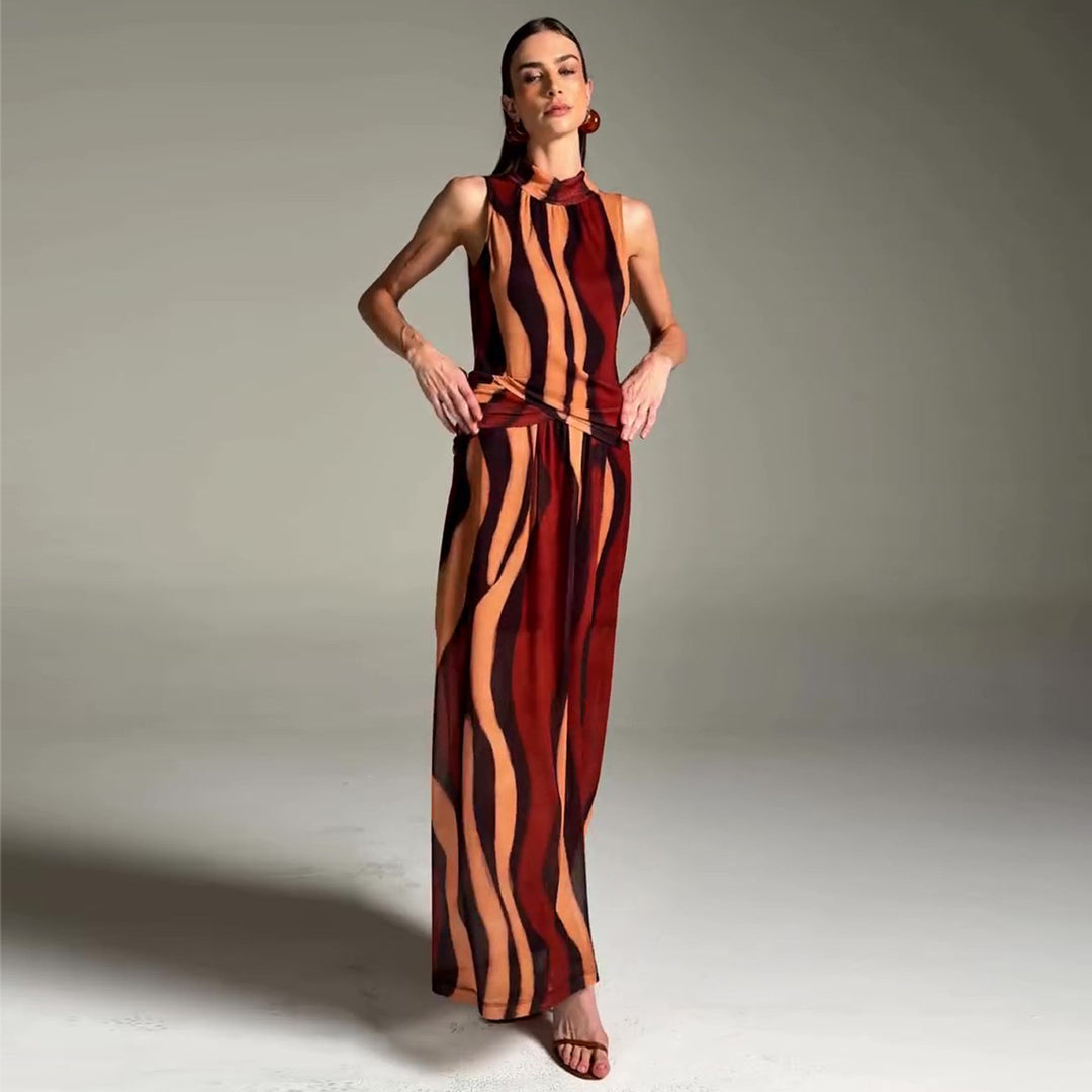 Ladies elegant maxi dress with unique stripe pattern and high collar
