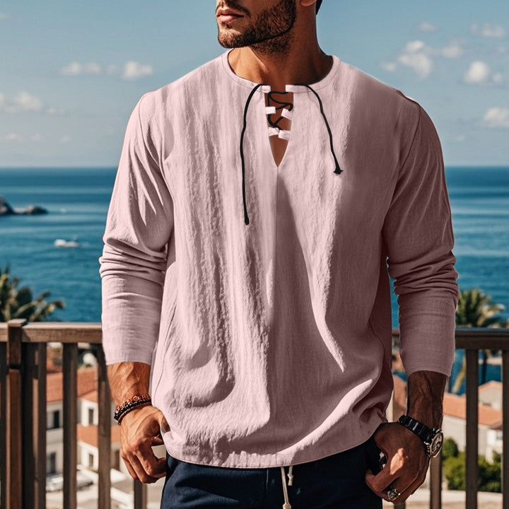 Men's casual long-sleeve shirt with neckline and lacing Lisslune