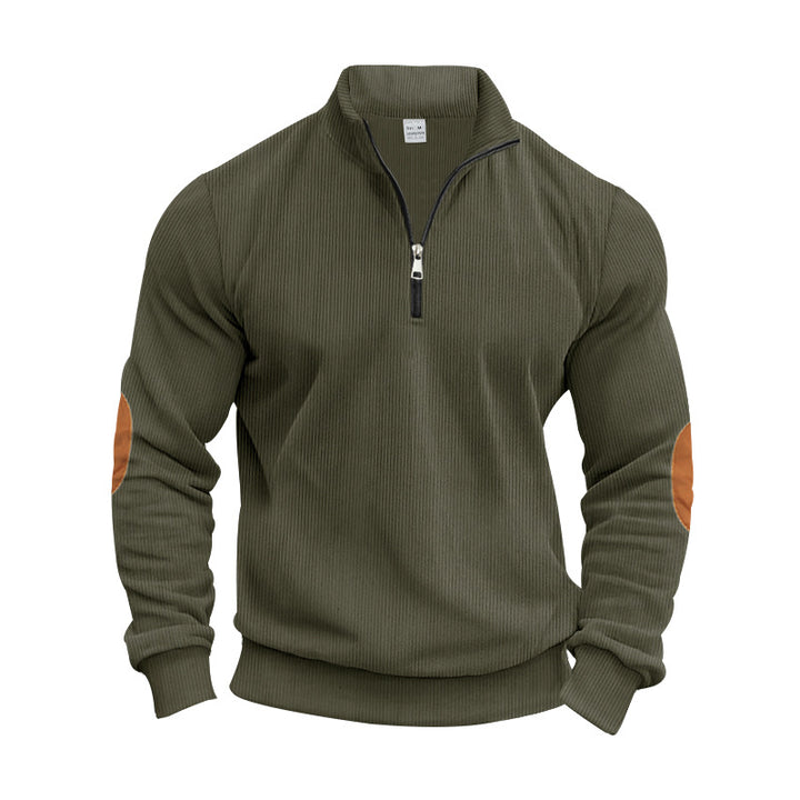 Men's Stand Collar Sweater with Zipper and Fashionable Elbow Patches Lisslune