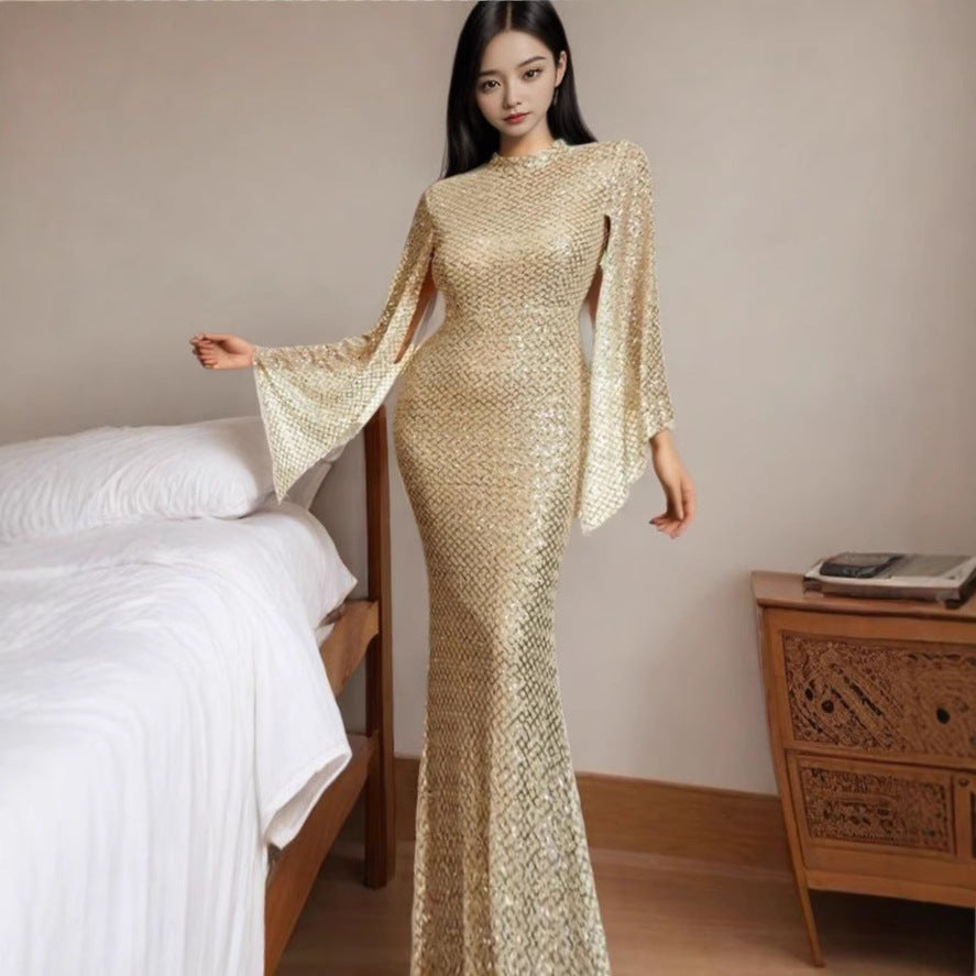 Ladies Glamorous Sequin Evening Dress with Flowing Sleeves Lisslune