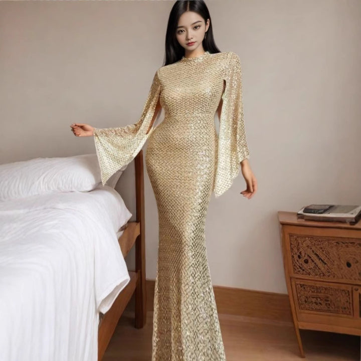 Ladies Glamorous Sequin Evening Dress with Flowing Sleeves Lisslune