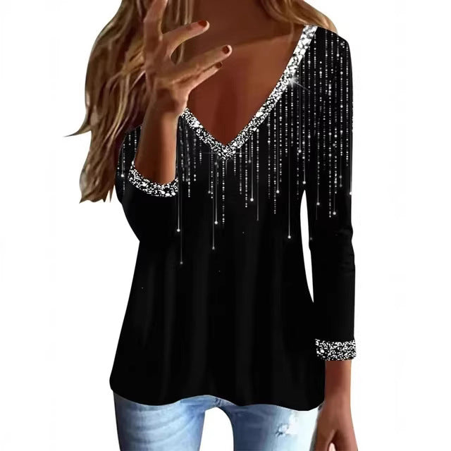 Women Glittering V-Neck Sweater with Elegant Rhinestone Details Lisslune