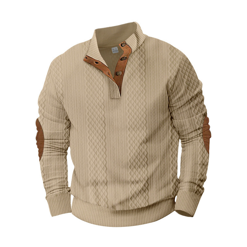 Men's knit sweater with innovative stand-up collar and modern leather appliqués Lisslune