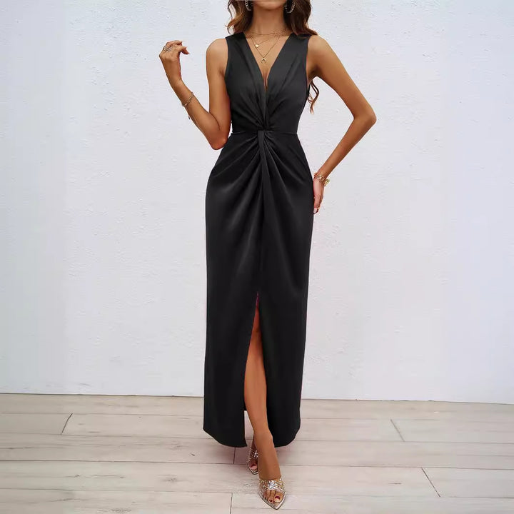 Women's Elegant Evening Dress with Deep V-Neck and Refined Draping