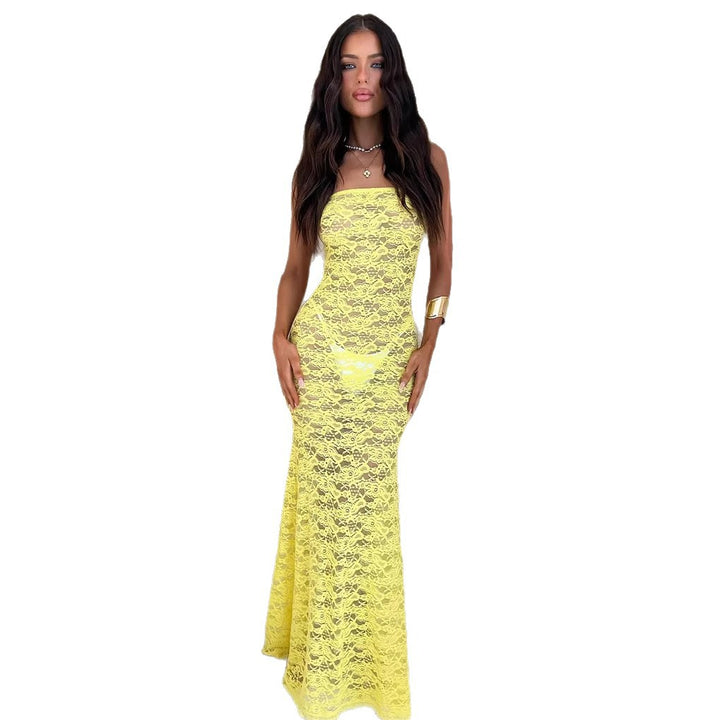 Women's Elegant Lace Maxi Dress with Fitted Silhouette and Off-the-Shoulder Design